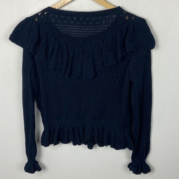 LoveShackFancy Alpaca Knit Sweater Blue Size Large Ruffle Navy Pointelle‎ Boho L - Picture 14 of 15